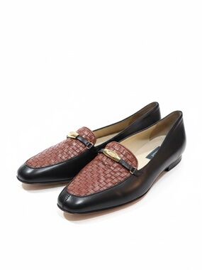 Bally Italy Woven Leather Loafers Black Brown Gold Hardware Size 10
